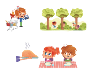 Illustrations de 3 pages du livres qui représentent des enfants lors de situations quotidiennes qui servent à apprendre les nombres : lors des courses, de moments de jeux avec les camarades et lors des repas.